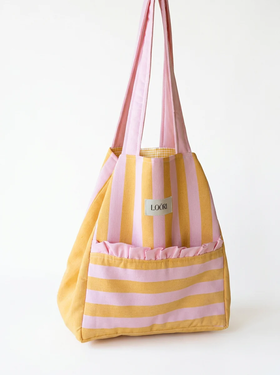 Bolso LOÖRI CAPRI de rayas amarillas y rosas con asas rosas sobre fondo blanco