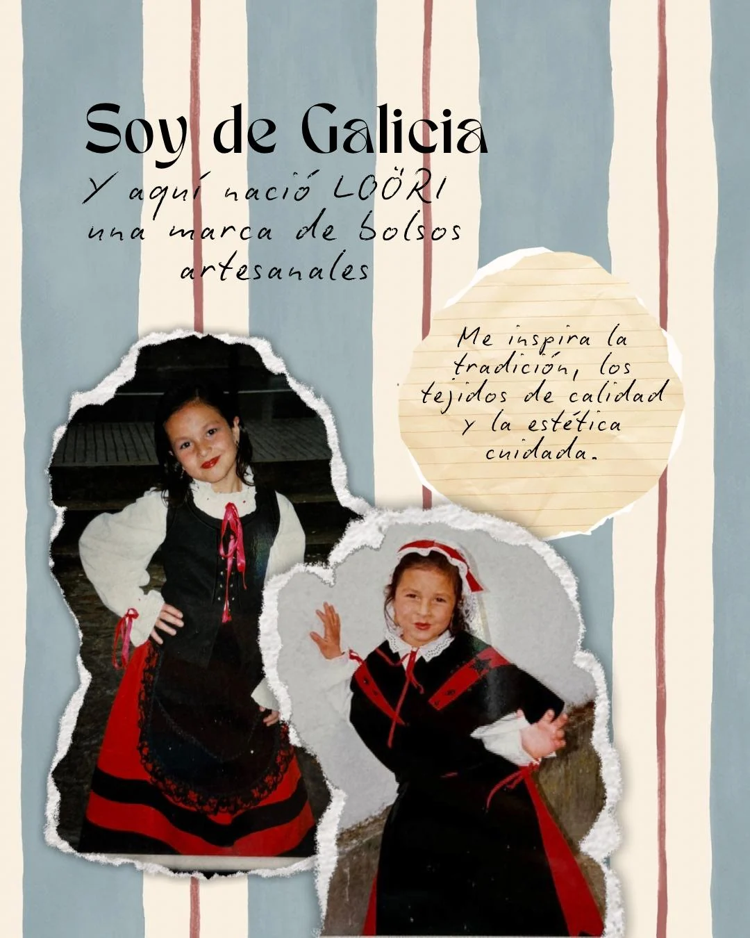 Laura de niña vestida con traje tradicional gallego, sobre fondo de rayas azules