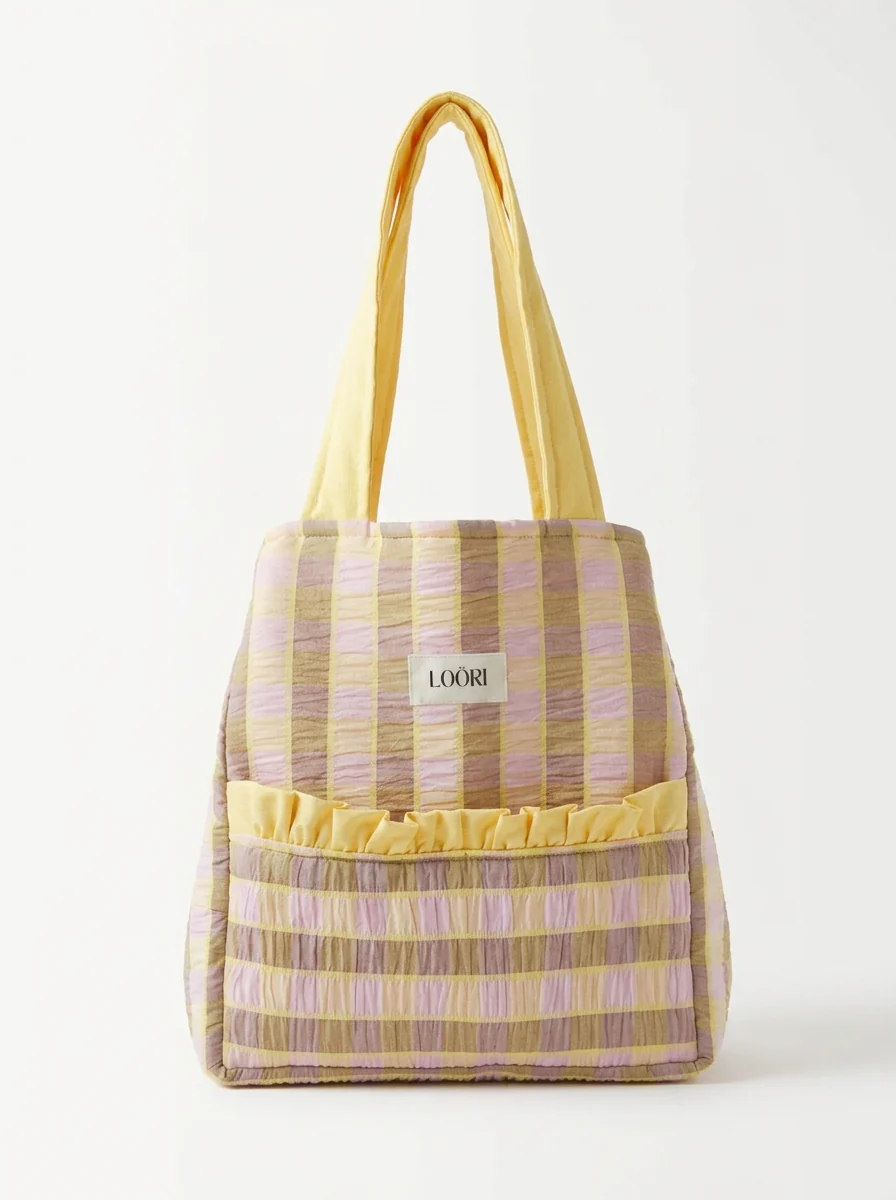 Bolso LOÖRI de cuadros lila, amarillo y tostado con asas amarillas