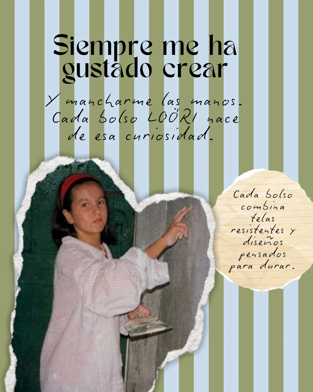 Laura de joven trabajando con las manos, sobre fondo de rayas verdes y azules
