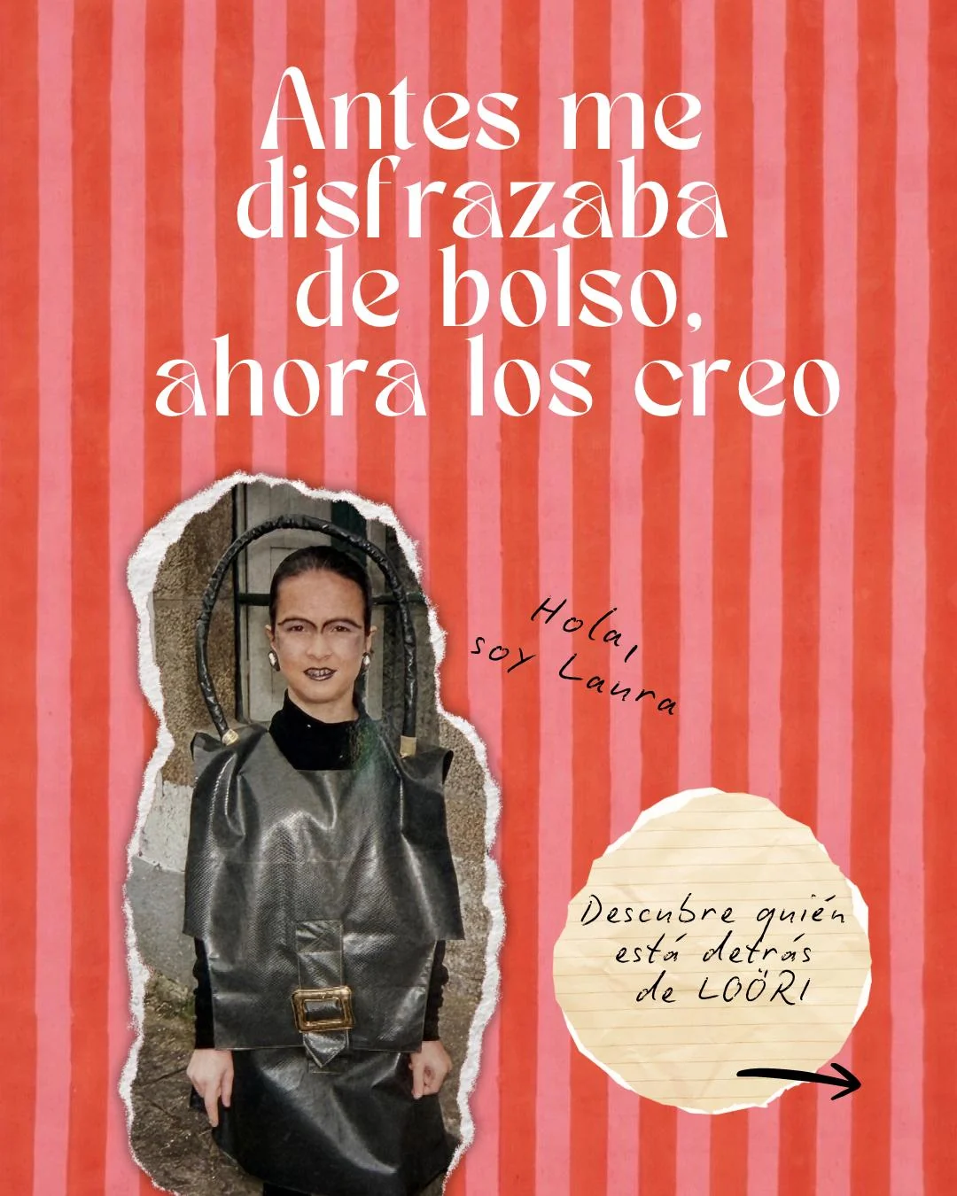 Laura vestida con un traje con forma de bolso sobre fondo de rayas rojas